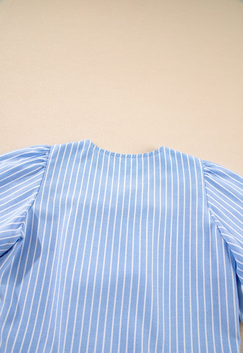 Sky Blue Striped Bowknot Detail Puffy Sleeve Top and Shorts 2Pcs Set